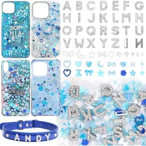 330 Pcs Blue Junk Phone Case Charms 26 Pcs A-Z Rhinestone Alphabet Letter Charms Mix Flower Bow Heart Pearls Flatback Resin Charms Kit for DIY Crafts