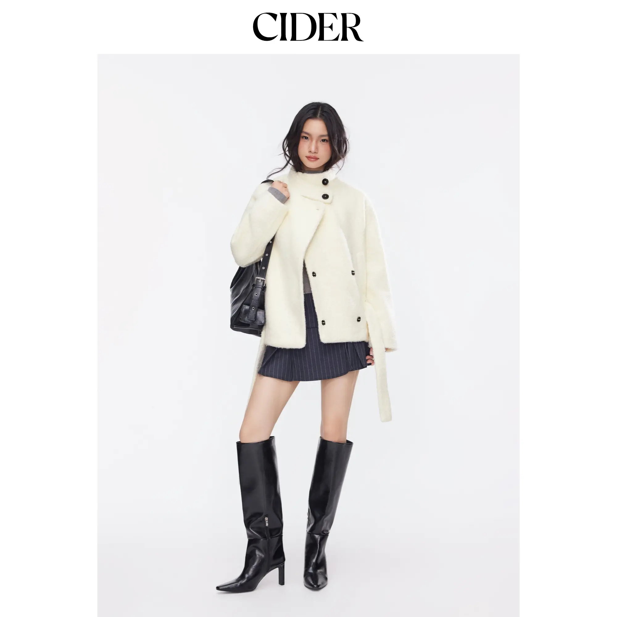 Cider Wool-look Stand Collar Long Sleeve Jacket With Belt