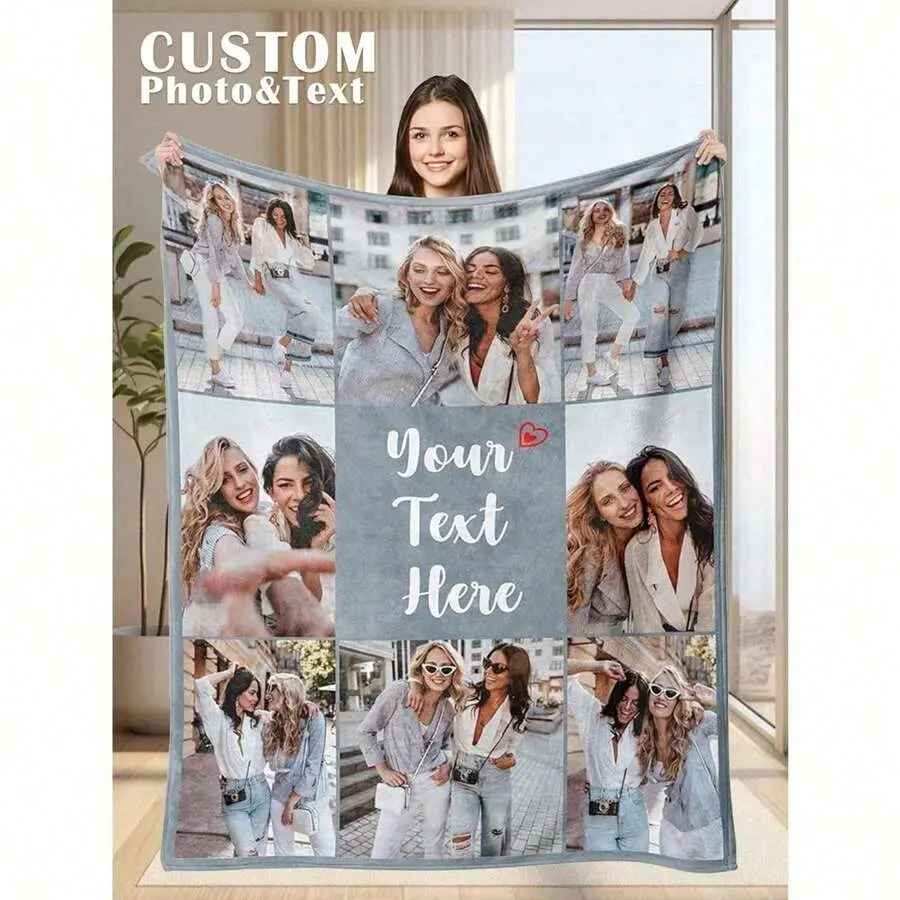 Custom Grey Flannel Fabric Bestie Blanket - 9 Photo Collage & Your Text Personalized, Wrinkle Resistant, Modern, Durable, Soft Cozy Warm Throw, Gift for Girlfriend, Sentimental Couch Decor