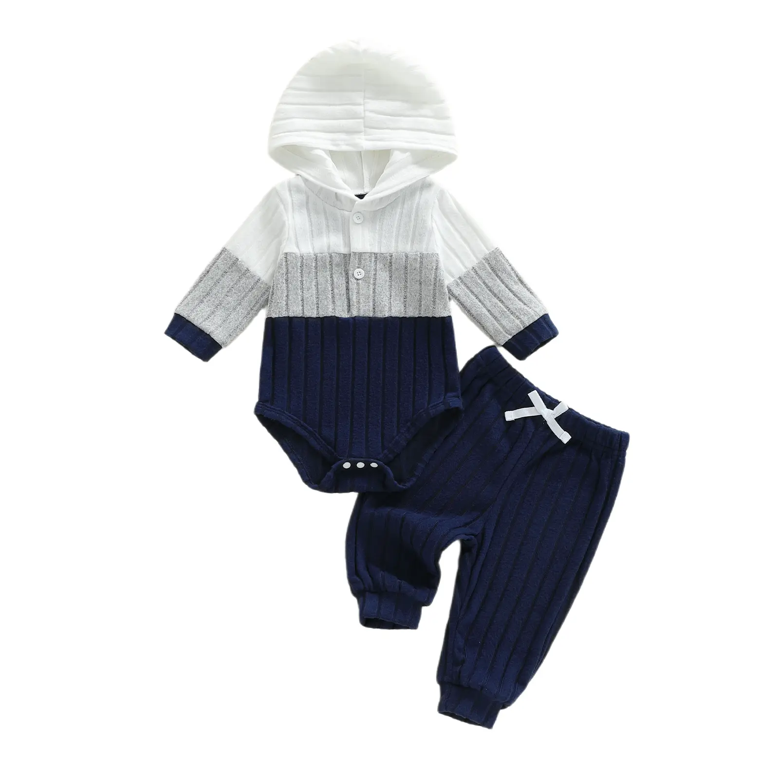 Baby Boy Fall Clothes Color Block Ribbed Knit Long Sleeve Hooded Romper and Long Pants 2 Piece Set Infant Hooded Sweatshirt Bodysuit Trousers Outfits