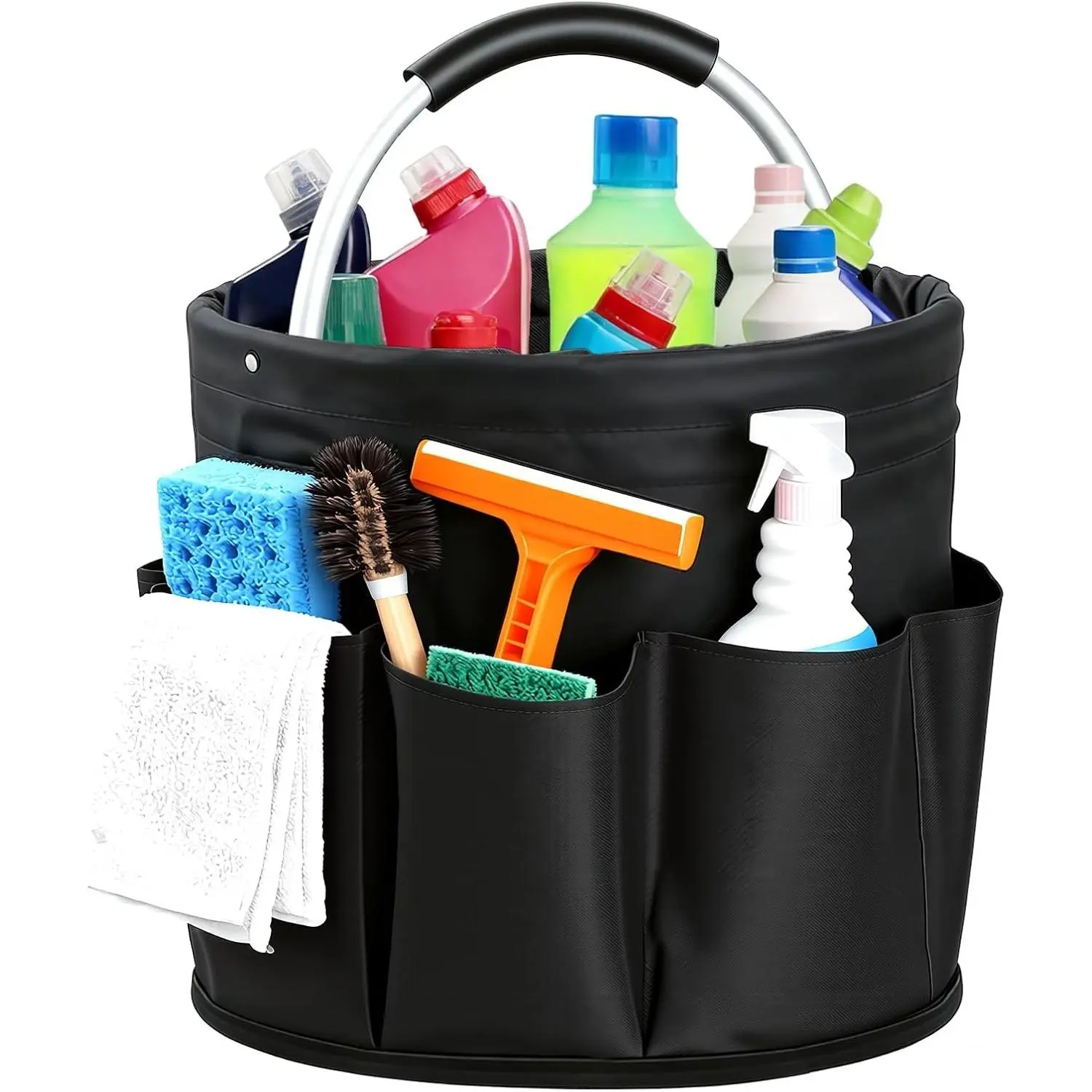 Cleaning Caddy with Handle, Cleaning Products Organiser, Foldable Storage Basket, Large Supply Organiser 17L with 6 Pockets, Portable Cleaning Caddy for Home & Garden (Black)