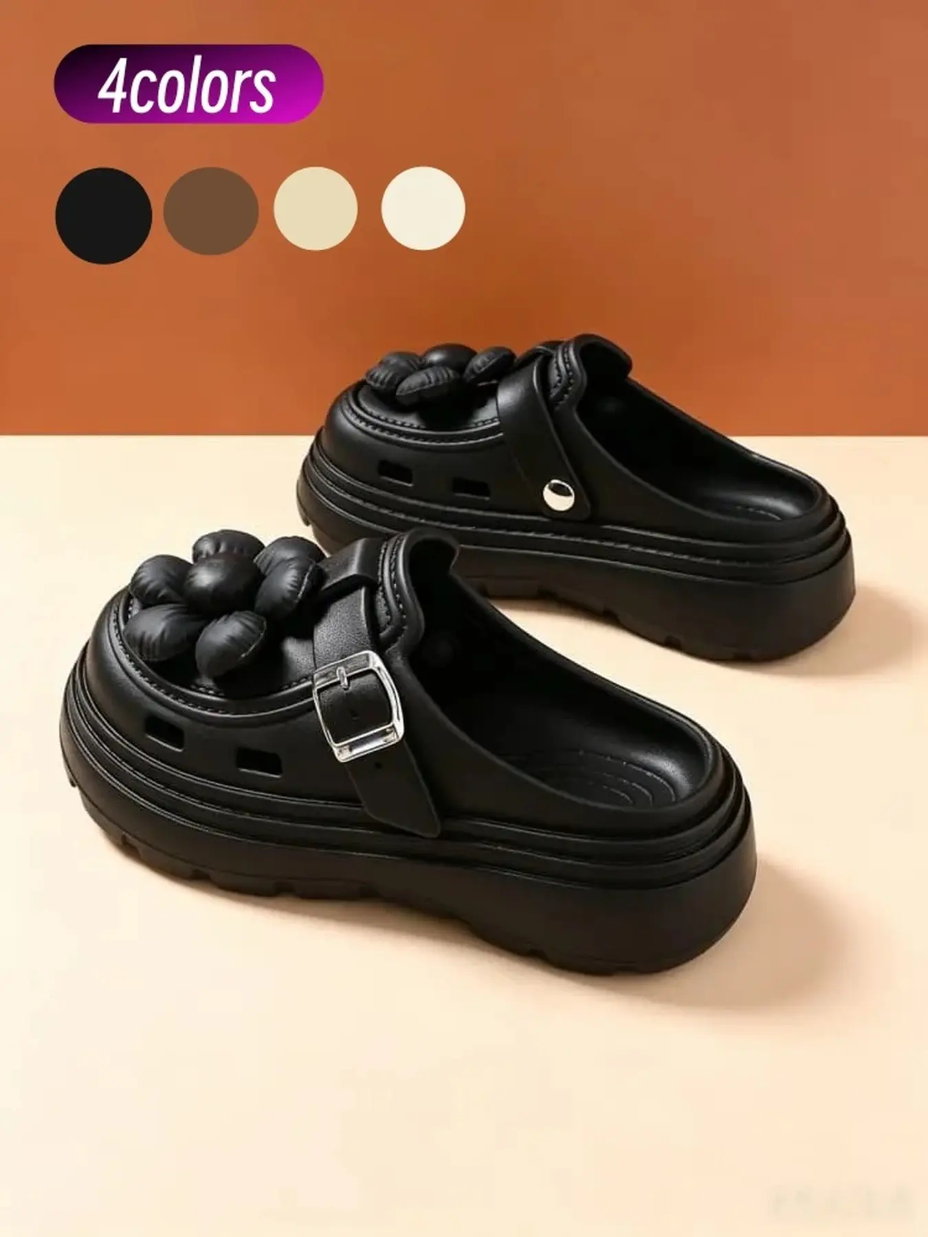 1 Pair Womens Breathable Soft Sole Girly EVA Clogs Puff Flower Design Built In Height Increase Easy To Clean Commute Walk Casual