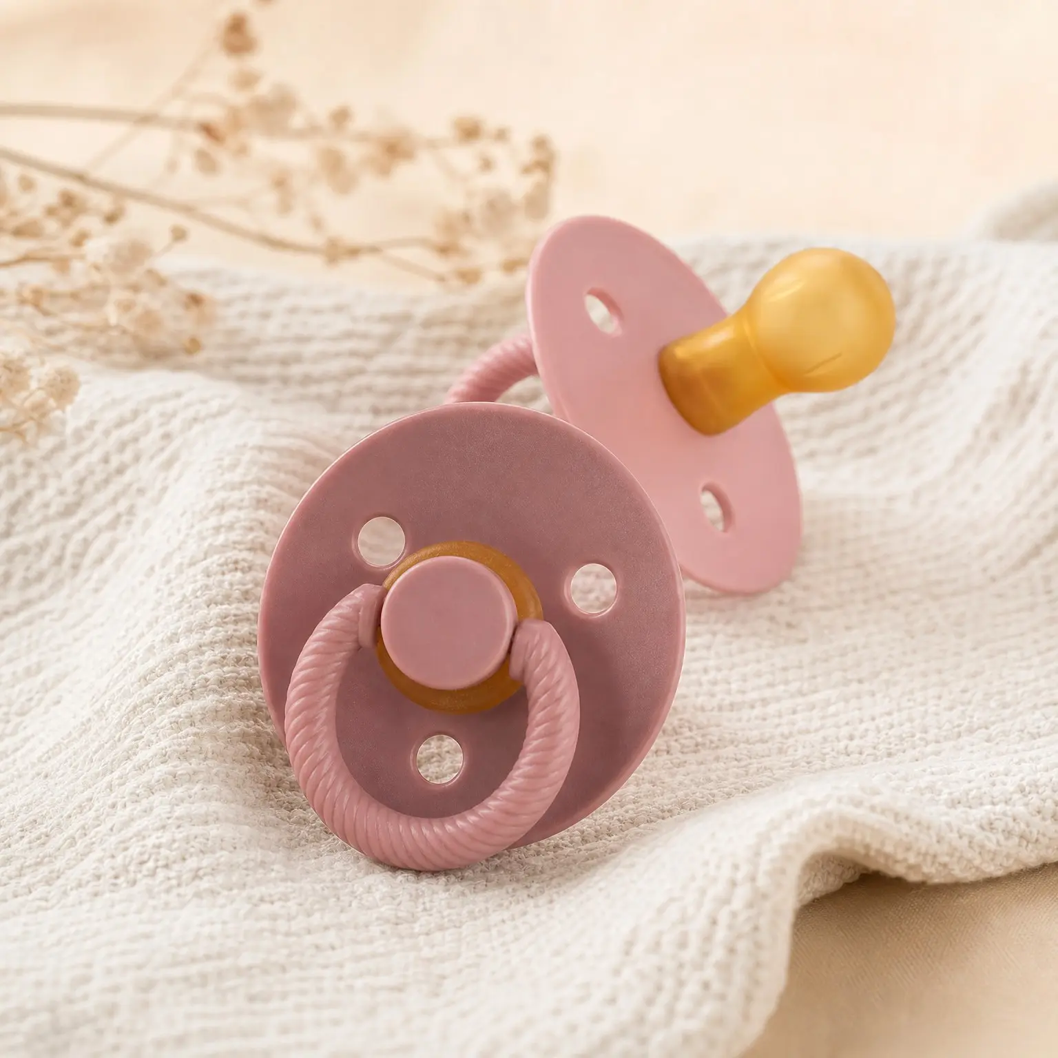 Natural Rubber Baby Pacifiers (Set of 2) – Cherry-Shaped Nipple & Large Air Holes for Added Safety – Binkies in Blossom & Rosewood, Ages 6-18 Months(Gift)