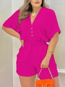 New Spring Summer European Women's Casual V-Neck Button Front Romper, Comfortable Waist Cinch Short Pants, Elegant and Simple Fashion