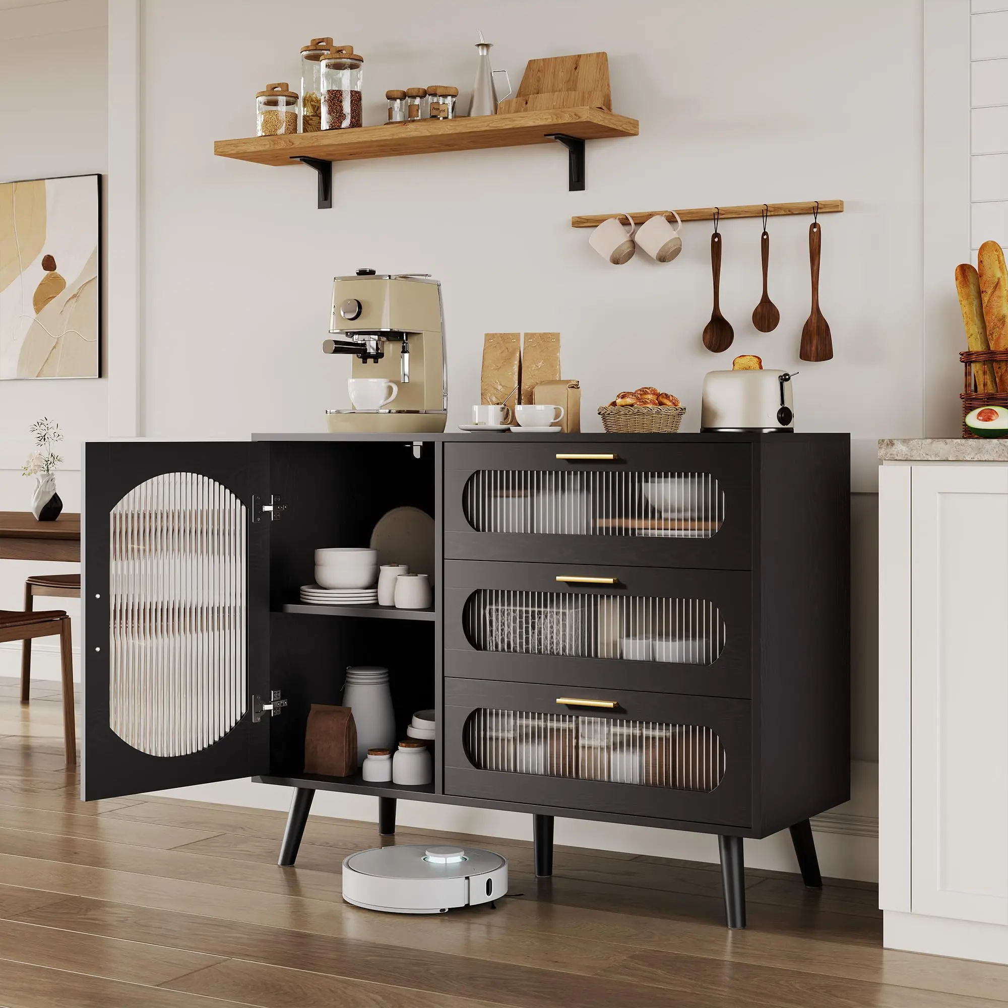 Modern Buffet Sideboard Cabinet - Fluted Glass Doors & 3 Drawers for Dining, Kitchen, or Living Room - Sleek Storage Solution