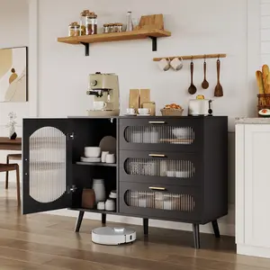 Modern Buffet Sideboard Cabinet - Fluted Glass Doors & 3 Drawers for Dining, Kitchen, or Living Room - Sleek Storage Solution