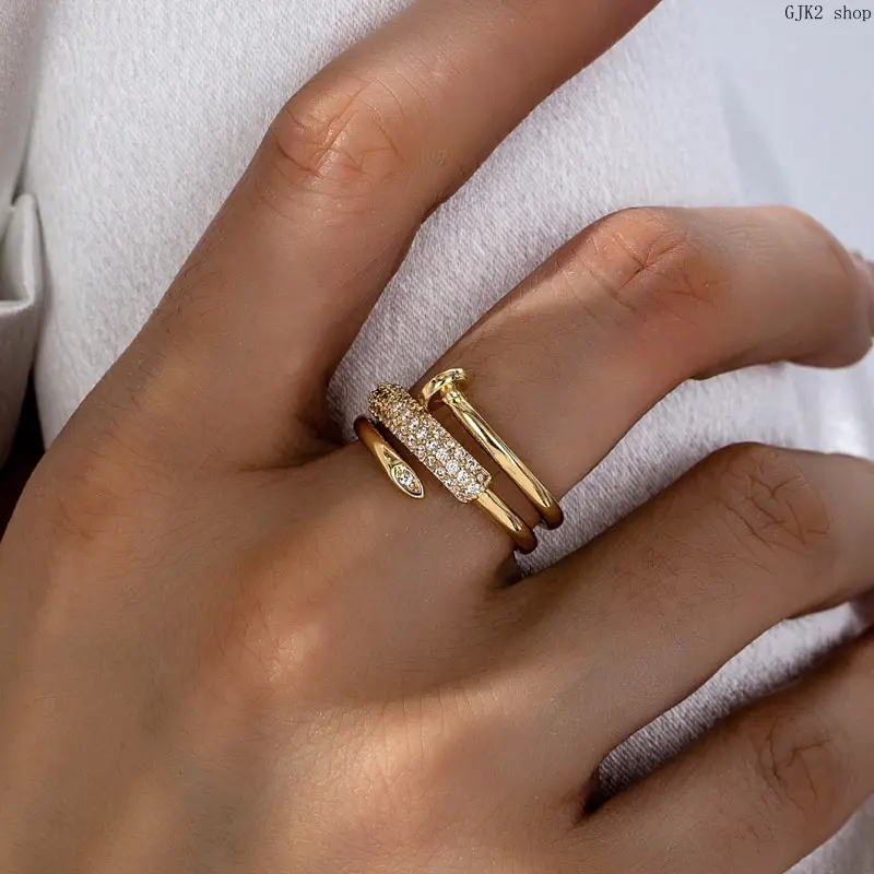 Gold Tone Rhinestone Paved Nail Ring, Minimalist Stackable Nail Shape Adjustable Open Band Ring For Women