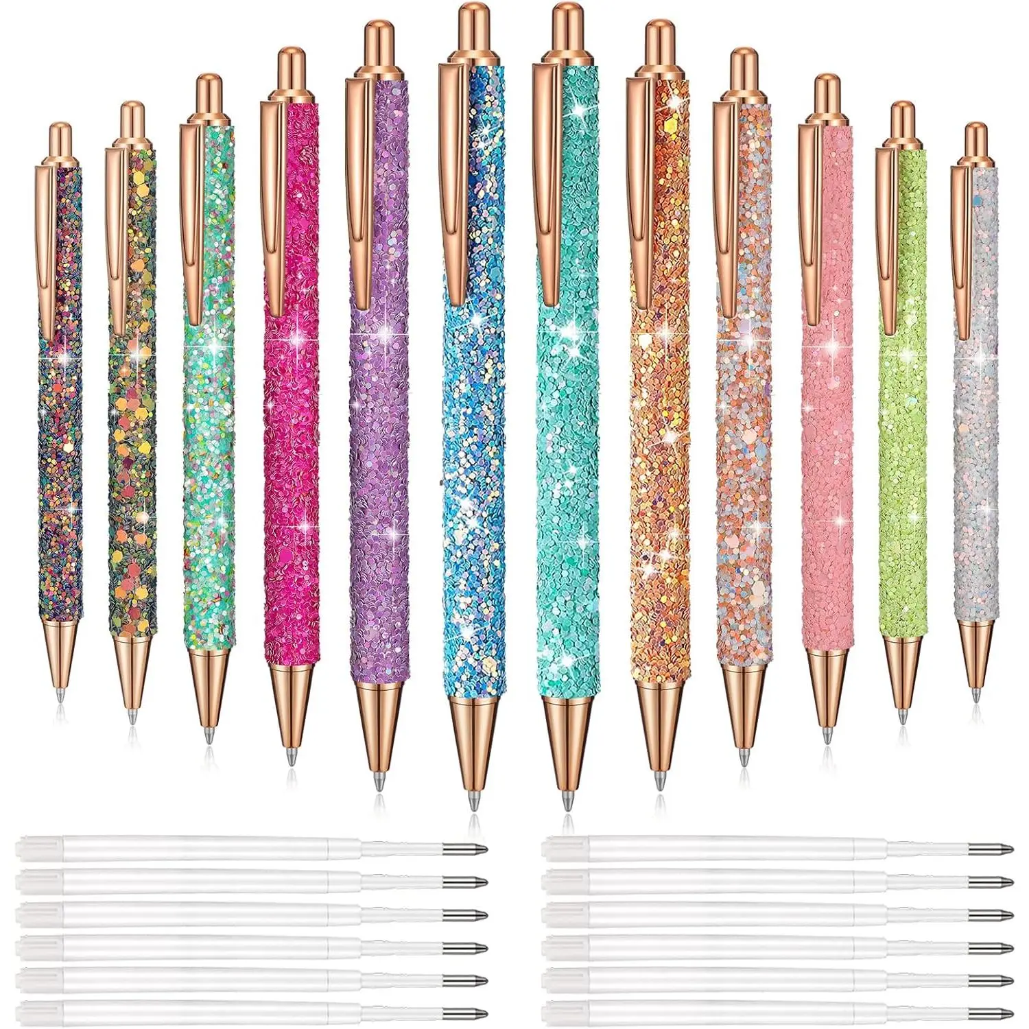 12 count Fancy Pens for Women Nurse Teacher Glitter Sparkly Pretty Cute Pens with 12 count  Black Ink Refills Retractable Journaling Ballpoint for Office School Supplies Grad Nurse Gifts