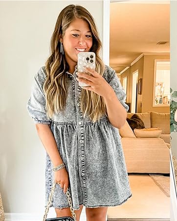 FMEYOA Womens Summer Denim Dress Button Down Short Sleeve Babydoll Dress Puff Sleeve Flowy Jean Dress