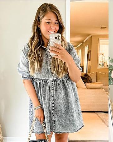 FMEYOA Womens Summer Denim Dress Button Down Short Sleeve Babydoll Dress Puff Sleeve Flowy Jean Dress