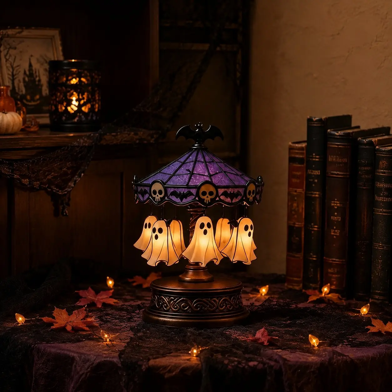 Halloween Limited Edition Spooky Ghost Carousel Rotating Lamp, Vintage Colored Glass LED Night Light, Gothic Home Decor, Party Bedroom Decoration