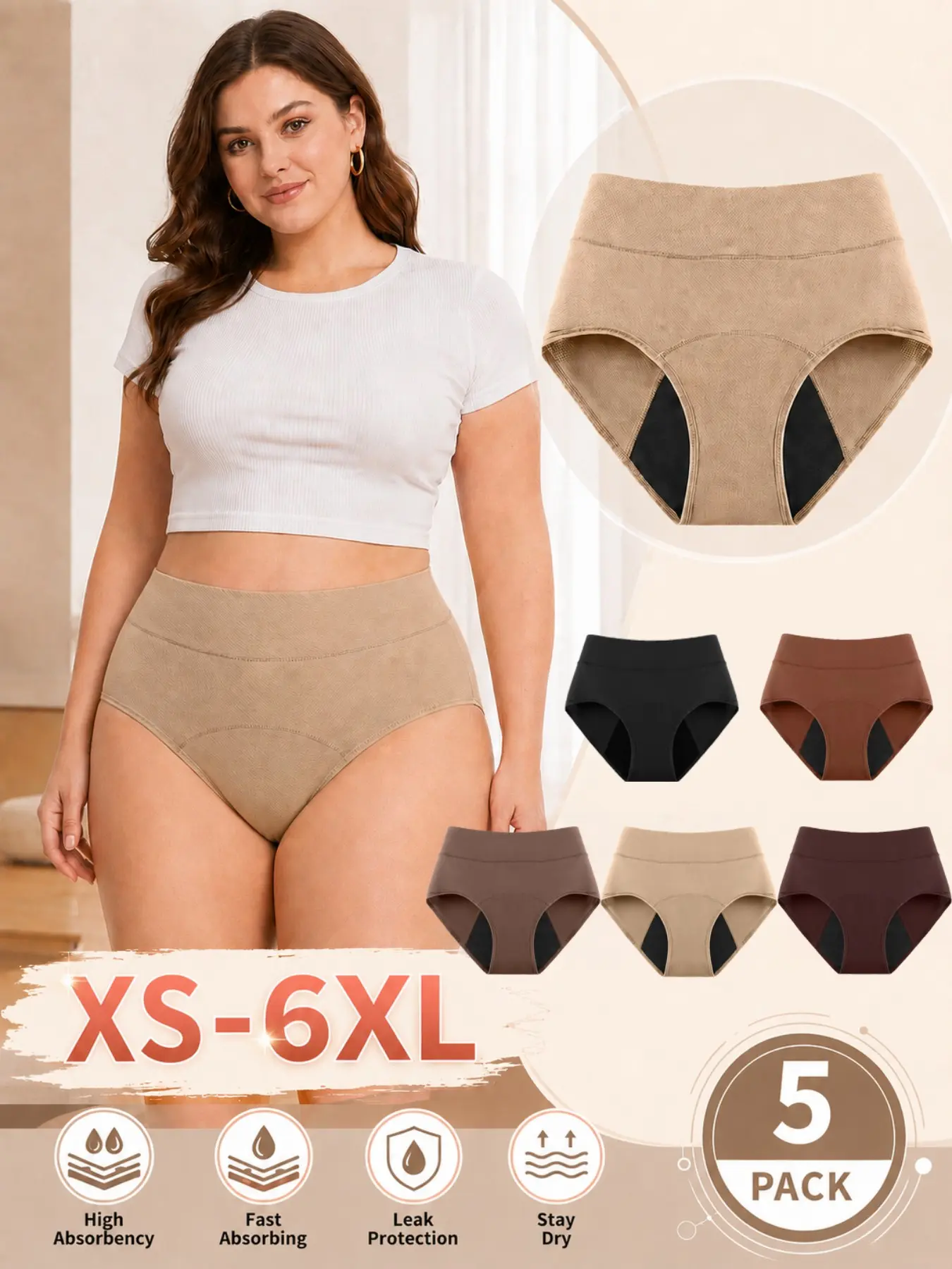 Women's High-Waisted Period Underwear Set, Absorbent Leak-Proof, Extended Crotch, Soft Breathable, 5 Colors, XS-6xl