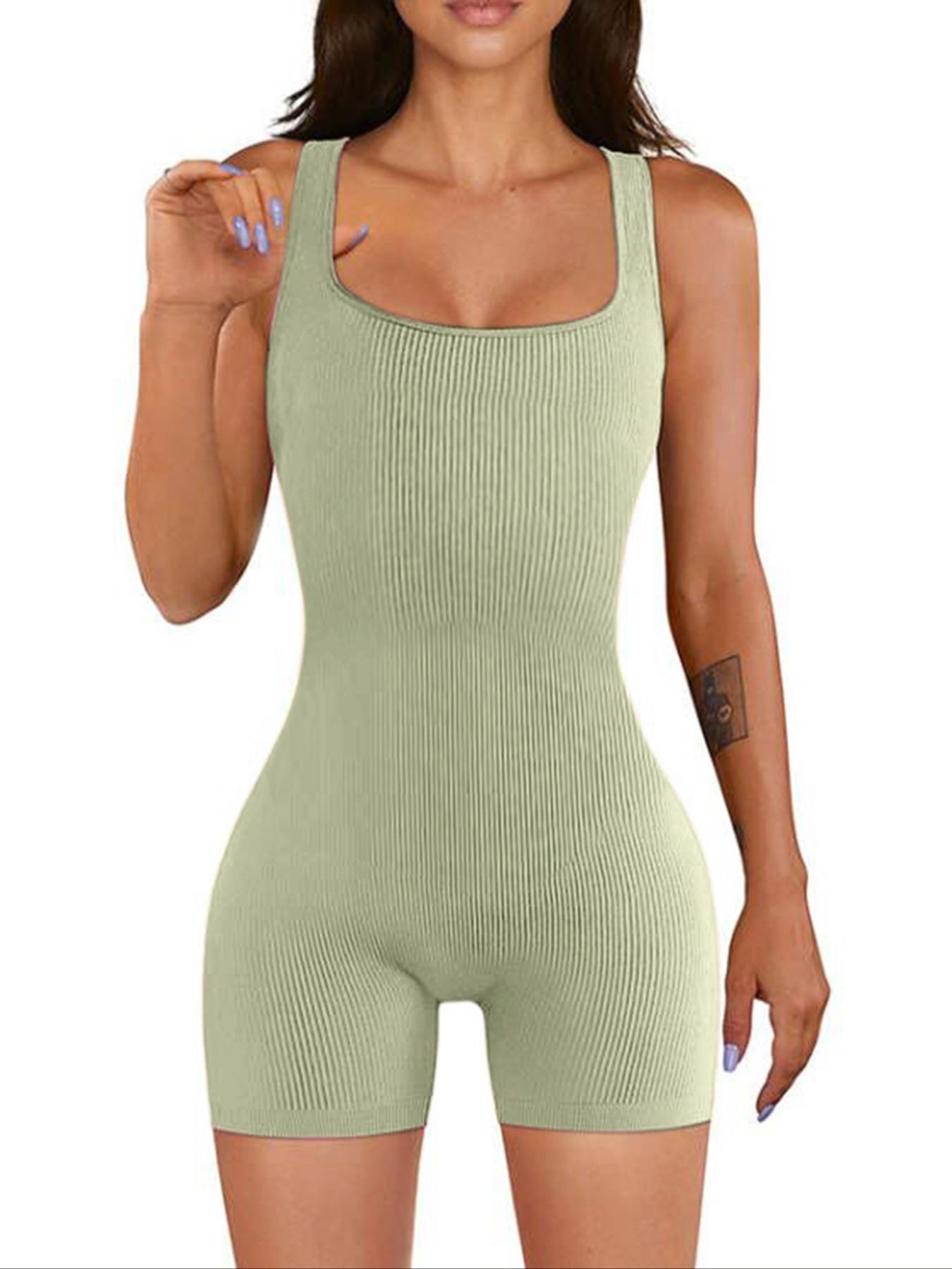 Women's Solid Color Ribbed Square Neck Tank Shapewear Knit Romper, Elegant Casual Comfy Thigh Slimmer Seamless Sleeveless Shaper Bodysuit for Daily Wear, Ladies Shapewear for All Seasons, Womenswear, Tummy Tuck Garment, Body Shaping Underwear