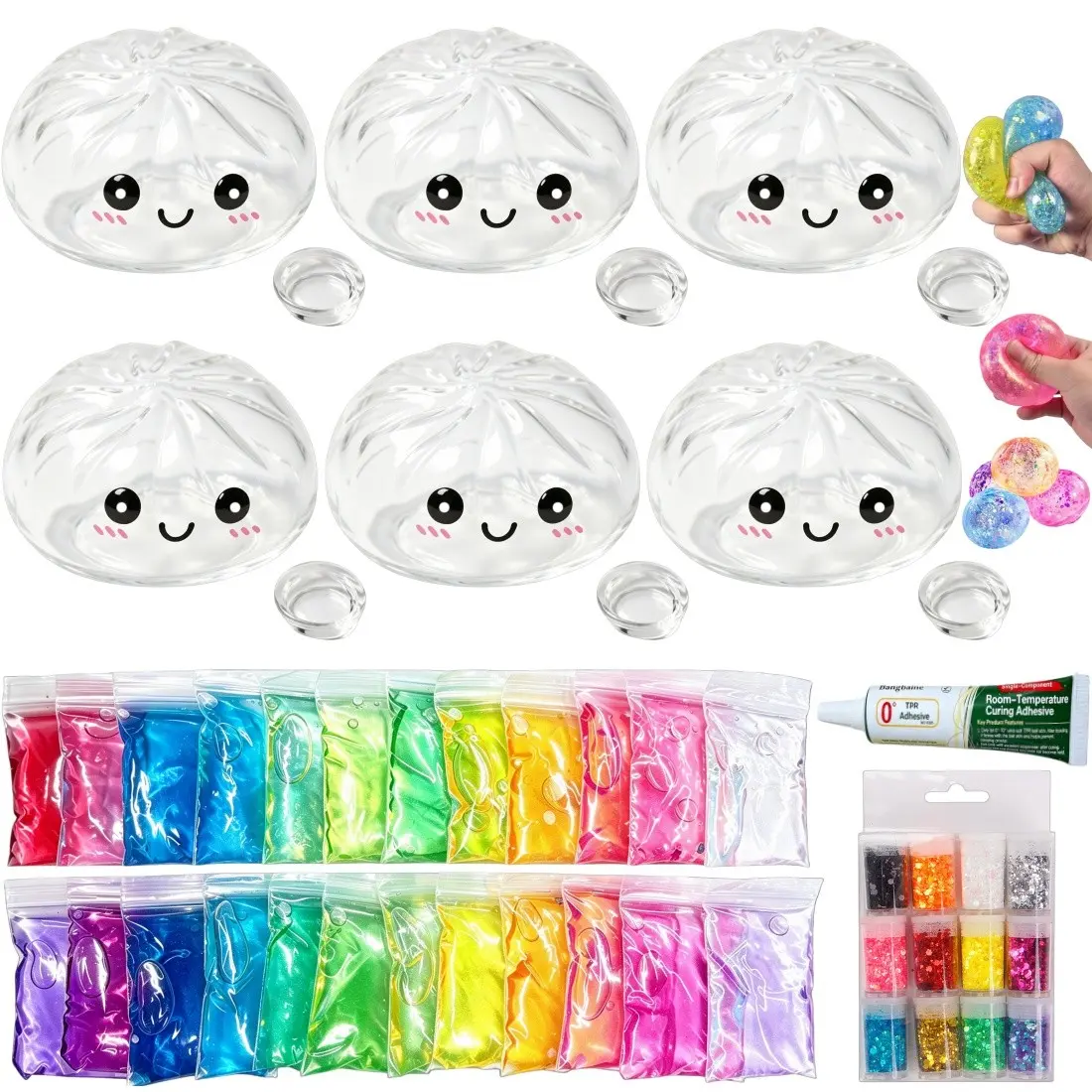DIY Stress Ball Making Kit, 24 Colors Slime & 12 Colors Glitter Powder, 6 Bun Shaped Plastic Shells, Stress Relief Soft Balls for Beginners