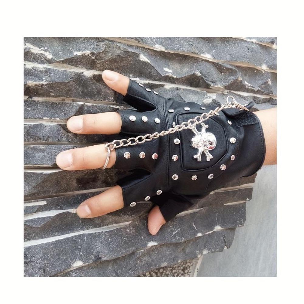 Men's Skull Half Finger Leather Gloves, Punk Rivet Chain Design, Anti-Slip Outdoor Sports & Motorcycle Riding Gloves, Novelty Pirate Style Performance Gloves