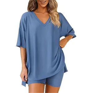 Women's 2-Piece Plussize Loungewear Tracksuit - Lightweight Minimalist Oversized V-Neck T-Shirt & Biker Shorts, Reversible Matching Women's Clothes Set for Summer