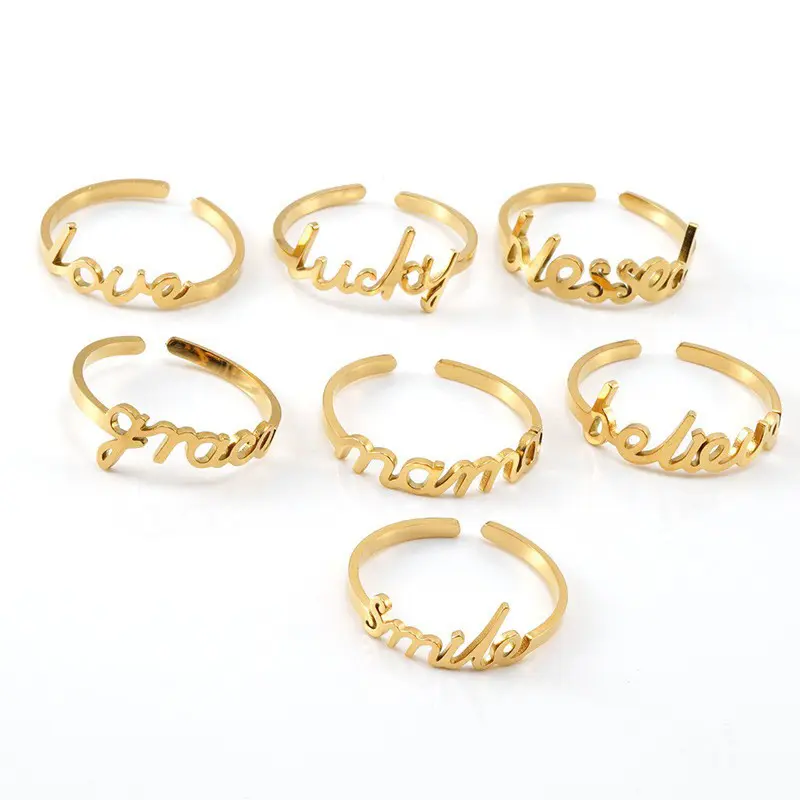 Unisex Initial Adjustable Ring, Gold Tone Stainless Steel Letter Ring, Minimalist Open Band Jewelry for Men & Women