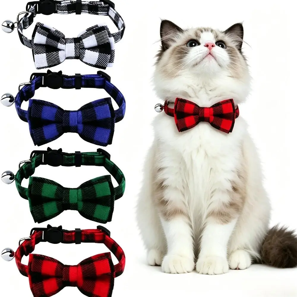 2026 New 4Pcs Charming Plaid Cat Collars with Bells and Bows, Adjustable 8-12in Lightweight Comfortable Polyester Collars with Safe Release Buckle, Pet Accessories for Kittens