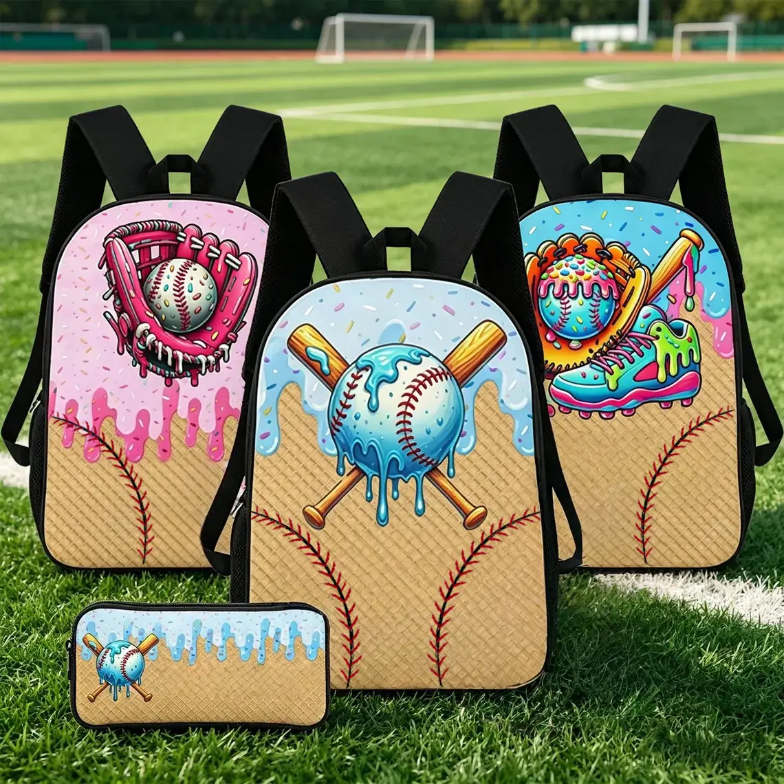 Ice cream baseball backpack set, featuring sports, lunch box, pen bag. Suitable for students' baseball school backpacks. Back-to-school gift for teenagers.