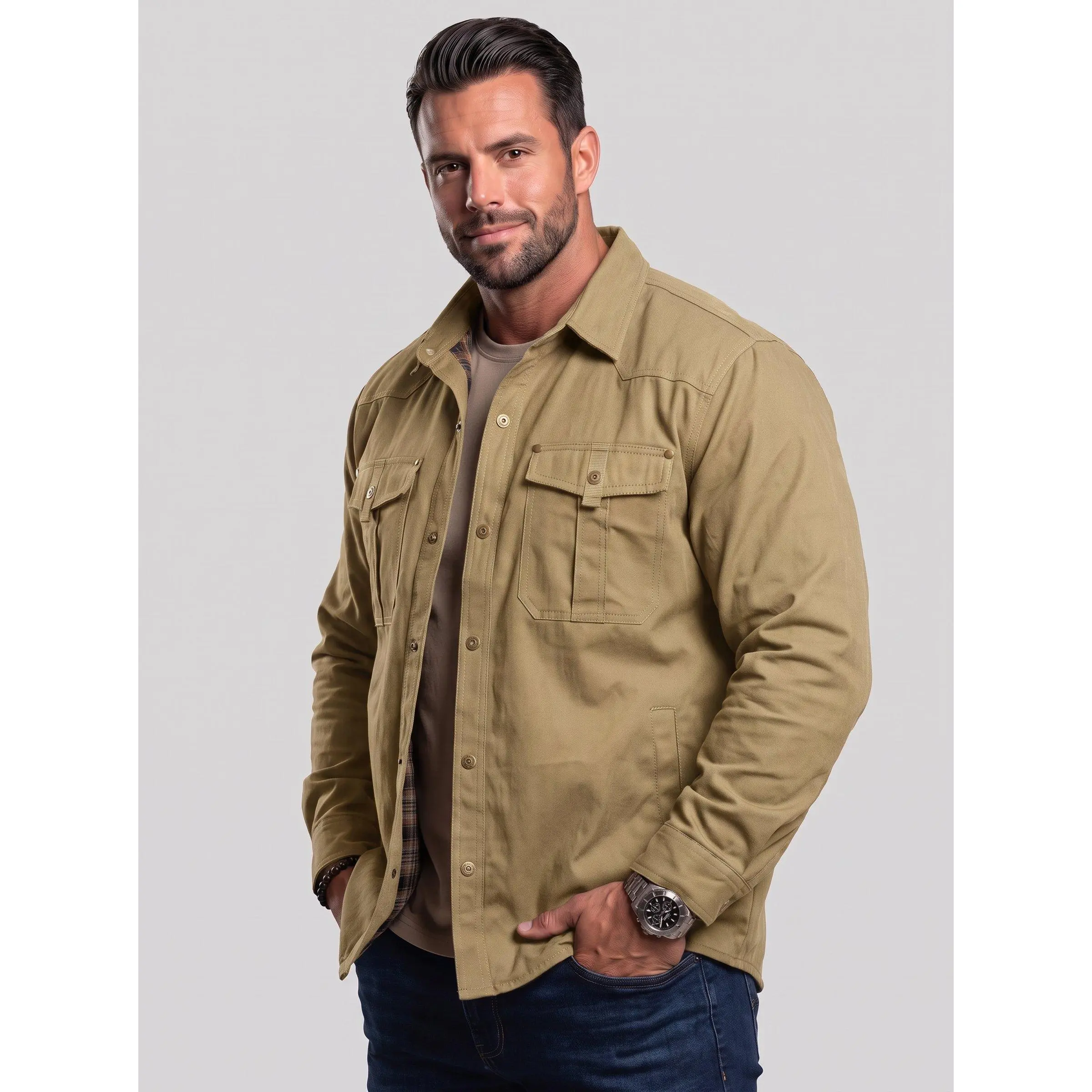KZZ Men's Casual Canvas Shacket - Heavyweight Menswear Longsleeve Button-Up Utility Coat, Outdoor Workwear with Flap Chest Pockets, Layer for Fall-Winter Outfits (7 Colors)
