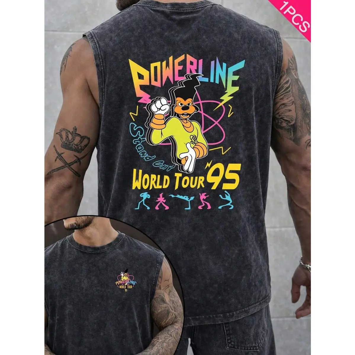 Powerline 95 World Tour Retro Washed T-Shirt, A Casual Summer Men's T-Shirt With A Y2K-Style GoofyBand Cartoon Print. Suitable For Everyday Wear, Outdoor Activities, Sports, Holidays, And Parties, And A Top Choice For Gifting.