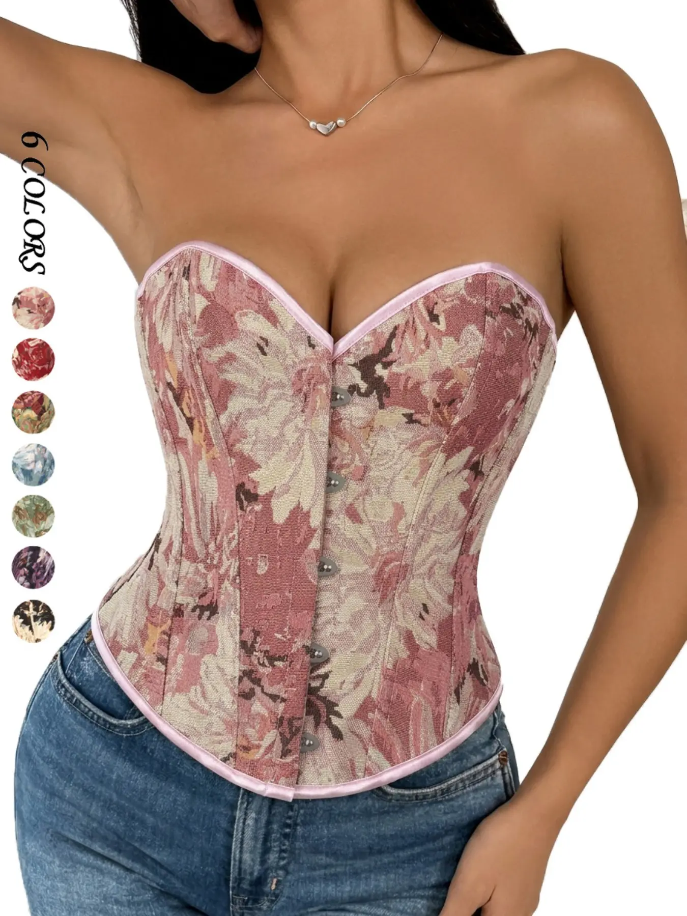 Women's Vintage Floral Shapewear Top, Strapless High Waist Lace Blouse, Adjustable Back Straps, Sleeveless Bodysuit for All Seasons