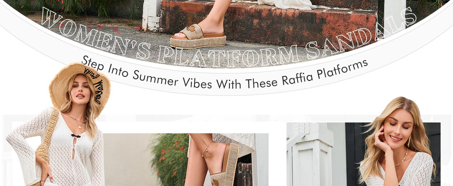Coutgo Womens Platform Sandals Raffia Espadrilles Metal Chain Slip on Open Toe Cute Beach Slide Sandals