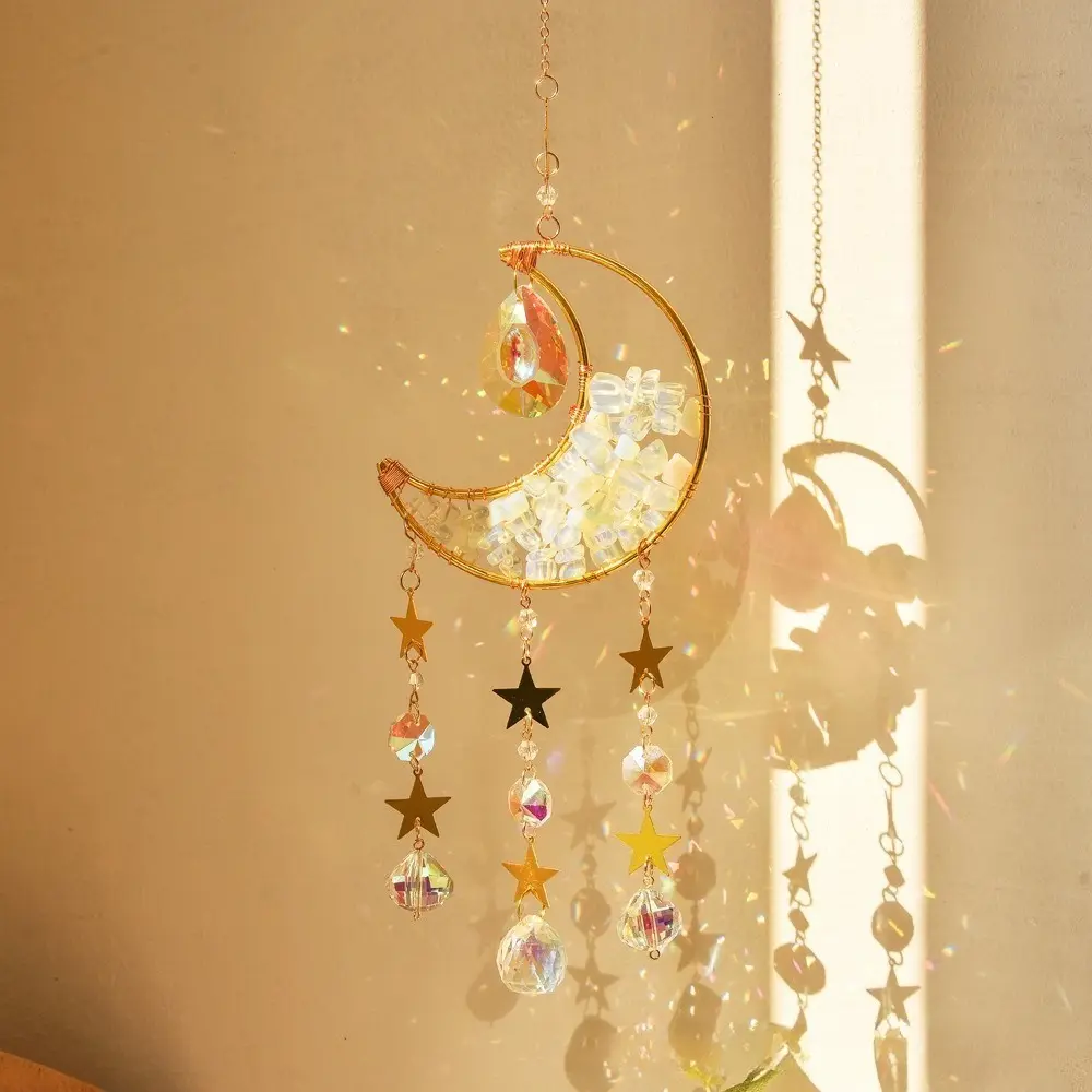 New Arrival Natural Chip Crystal Moon Hand Wrapped DIY Suncatcher Light Shadow Wind Chime Premium Crystal Hanging Ornament Versatile Decor For Home Garden Window Patio DIY Craft Gift