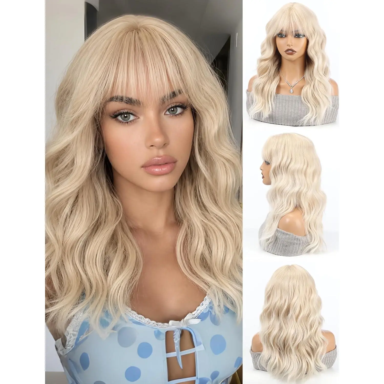 20 Inch Wavy Synthetic Bob Wig with Bangs Blonde | Heat Resistant · Layered Style · Soft Waves · Breathable Cap · Lightweight ·  Look ·  Free