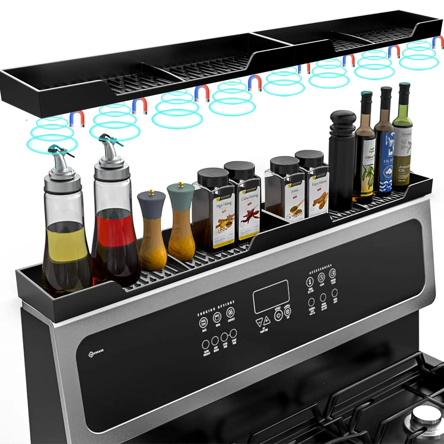 30-inch silicone stovetop storage placemat with super strong magnetic base, non-slip, space-saving, stores spices and kitchen utensils, heat-resistant, dishwasher safe, suitable for gas stoves, electric stoves and small kitchens