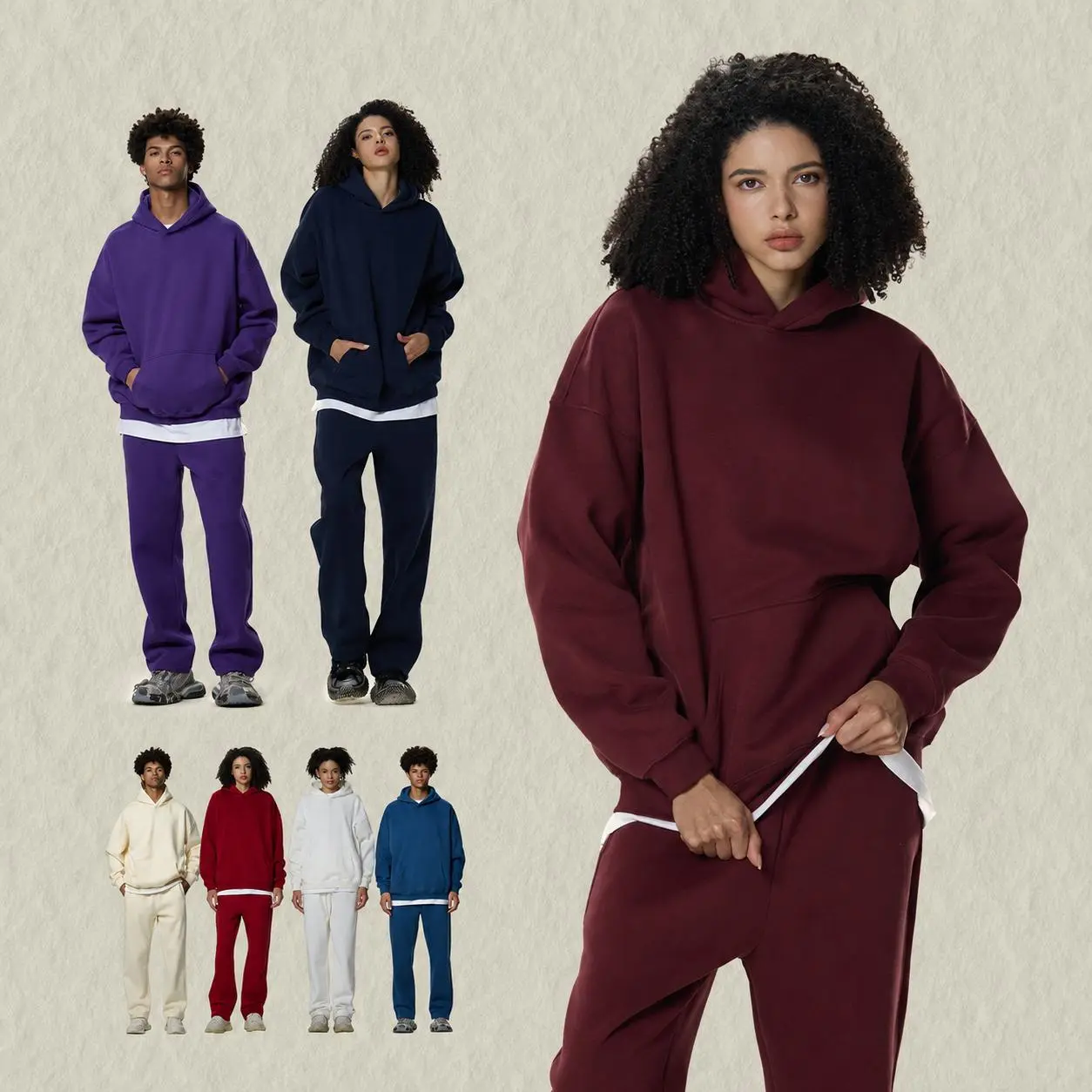 Unisex Heavyweight 350G Fleece Hoodie Sweatpants Set, Oversized Pullover Hoodie and Jogger Pants Matching Tracksuit, American Streetwear Casual Lounge Outfit, Thick Warm Winter Sweatshirt Set for Men Women