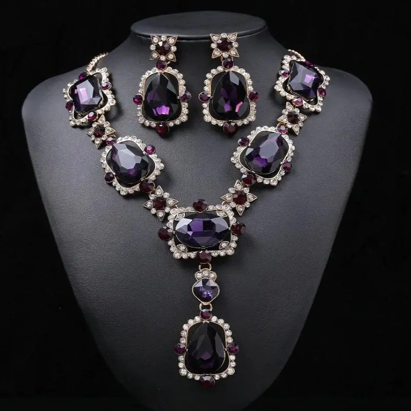 Female Wedding Bridal Jewelry Chunky Set - Purple Artificial Crystal, Rhinestones Gems, Drop Earrings, Amethyst Choker Necklace for Bold Glamour Occasions