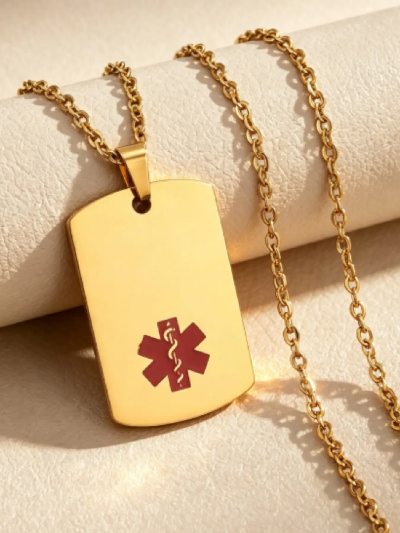 Medical Symbol Snake Staff Square Tag Dog Tag Pendant Titanium Steel Necklace, Elegant Medical Accessory Jewelry