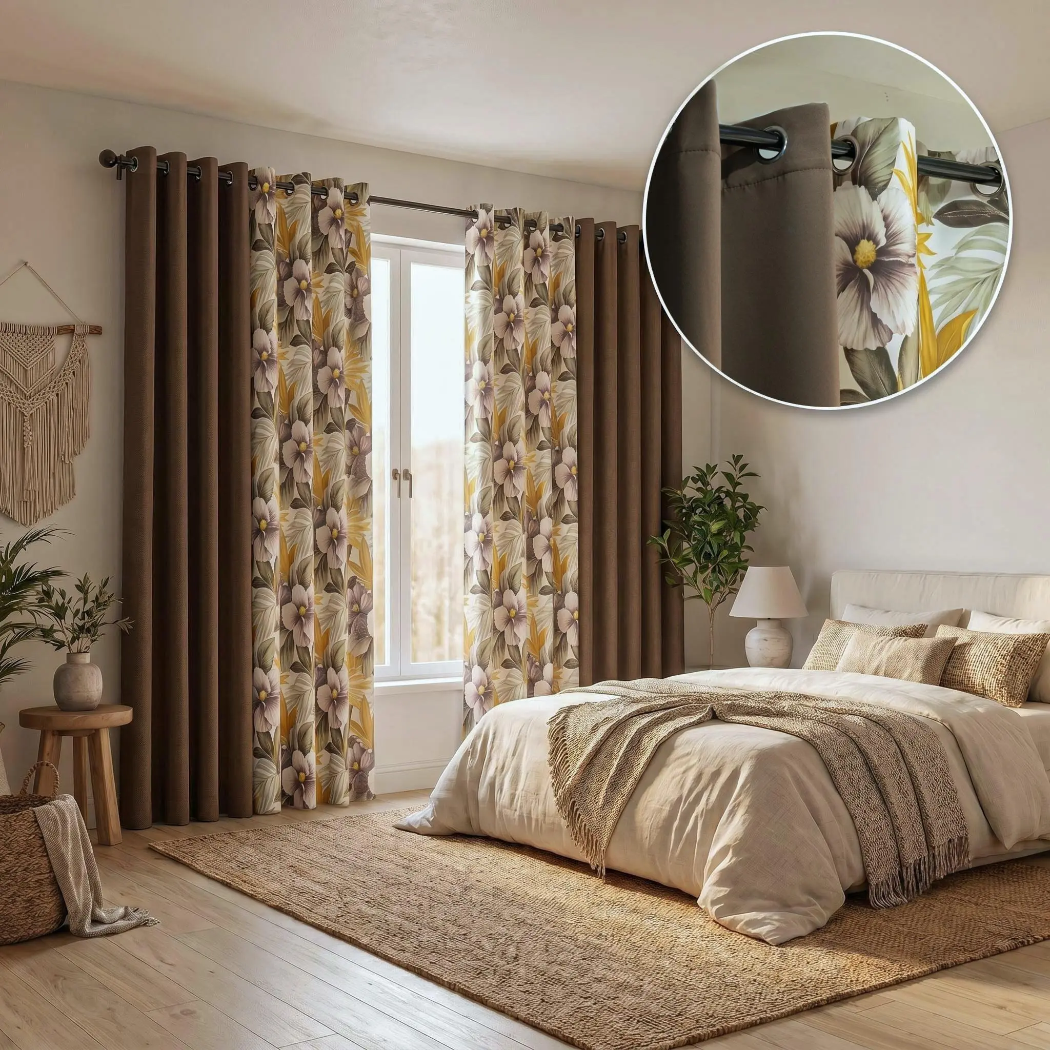 4-Piece Grommet Curtains Set - 2x52"x84" Solid Full Blackout, 2xPrinted Blackout, 100% Polyester, Thermal Insulated, Room Darkening, Soundproof for Bedroom, Living Room, Room Darkening Curtains, Soundproof Curtains QF428 QF222