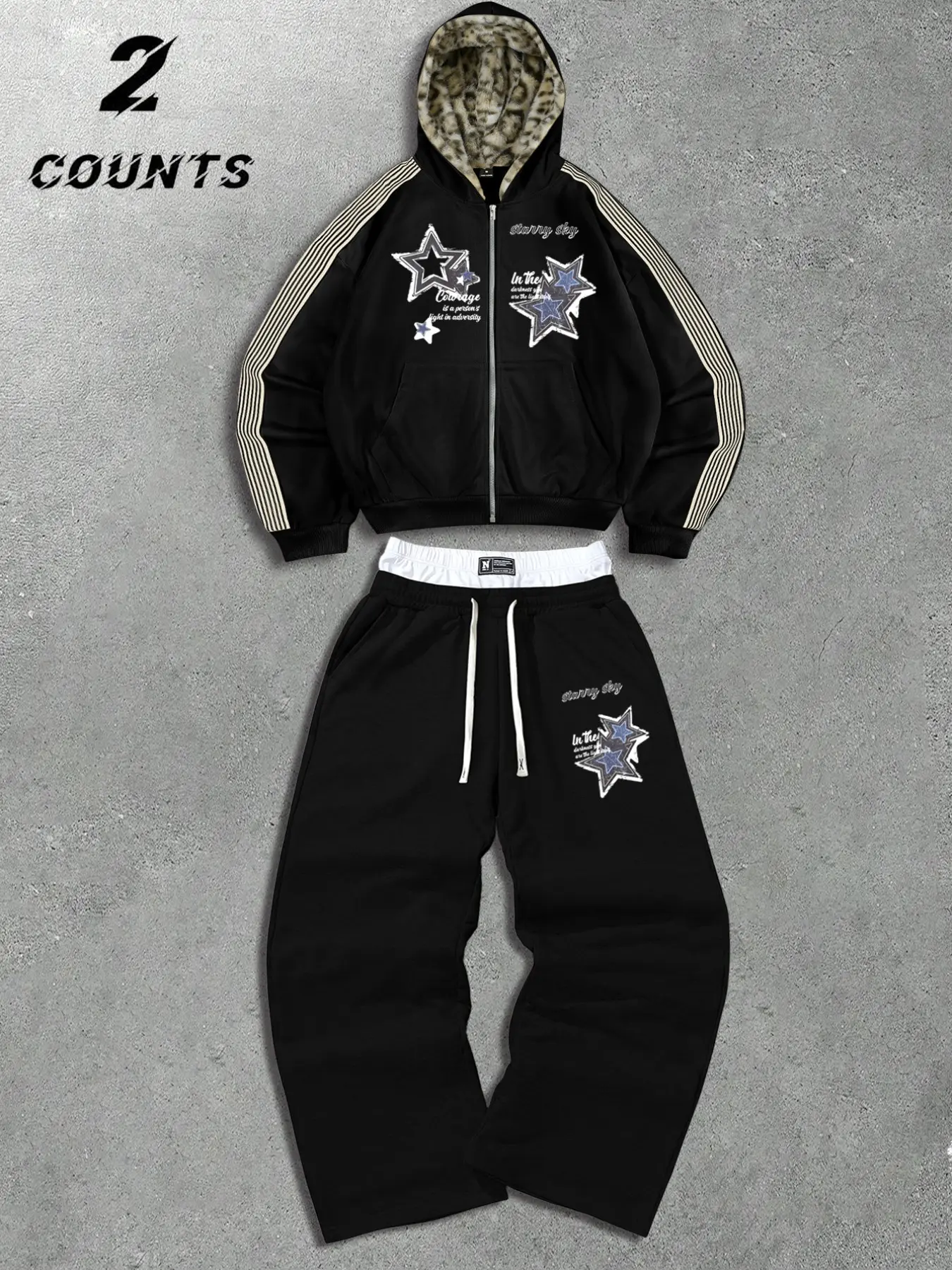Men's Black Zip‑Up Hooded Two‑Piece Set, Star Patch Print, Plush Lined Hood, Soft Fleece Fabric, Loose‑Fit Sweatpants, White Contrast Elastic Waistband, Street‑Style Tracksuit. Suitable for daily wear, campus looks, street shoots, weekend gatherings, and