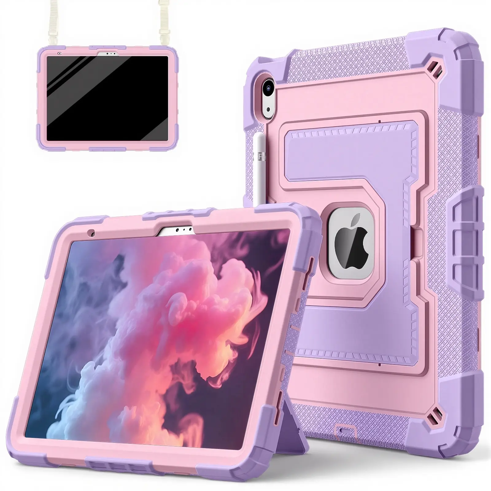 SPALLO for iPad Air 8th/7th/6th Generation M4/M3/M2 11-Inch 2026/2025/2024,Kids Friendly iPad 11th/10th/9th/8th Gen 2022/2021/2020 with Shoulder Strap/Pencil Holder,Heavy Duty Protection Shockproof Cover for i Pad Mini 8.3"- Purple+Rose Gold