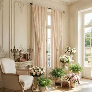 New French Milk Tea Double Layer Curtain, No Drilling, Woven Lace, Living Room Balcony Bedroom, Ready-To-Install, Light Blocking