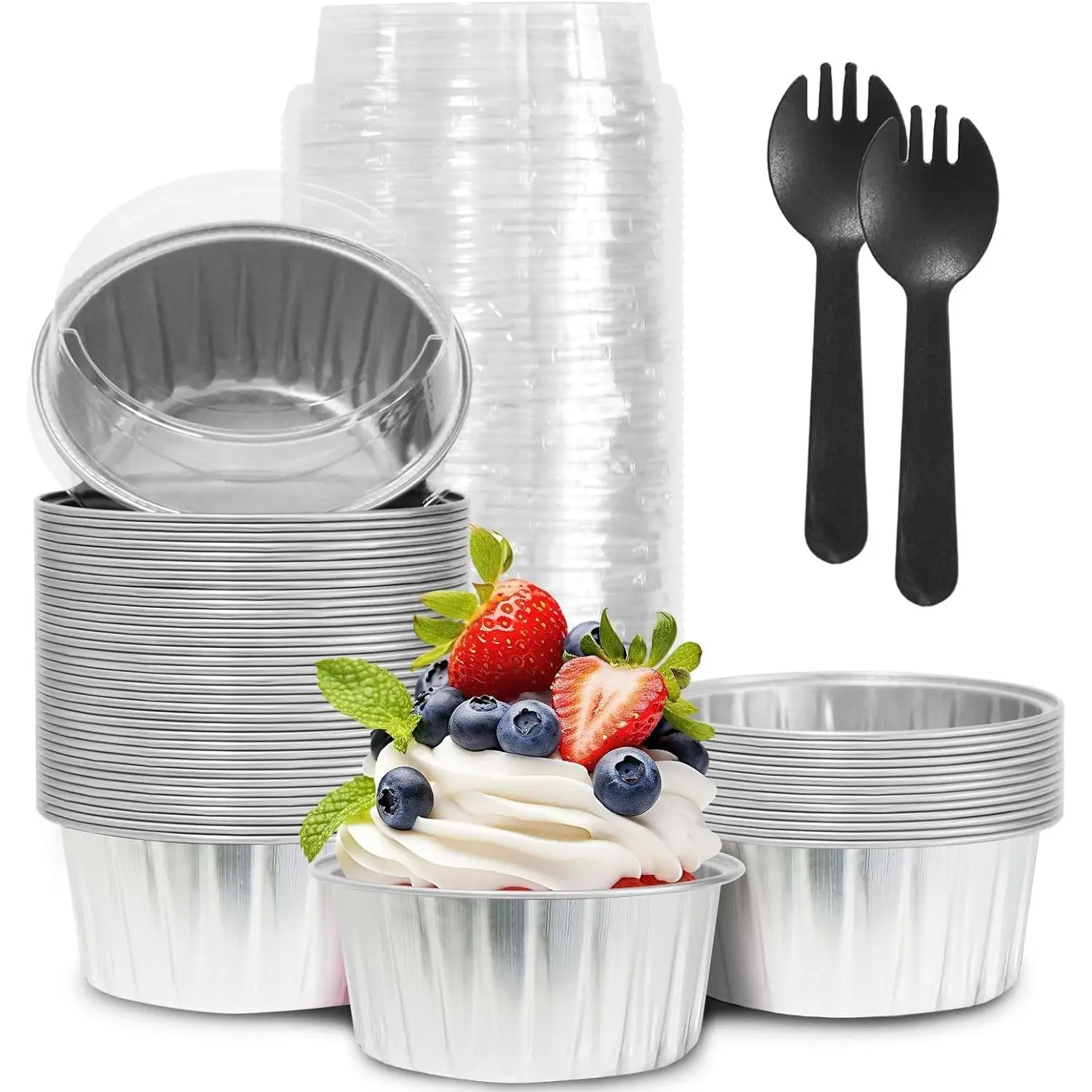 50Pcs Mini Aluminum Foil Cupcake,5oz silvery Baking Cups with Lids | Disposable Ramekins for Christmas,Mini Cake Pans,Loaf Pan with Lids,Tin Cups Containers for Cupcake,Pudding,Muffin,Cheesecake