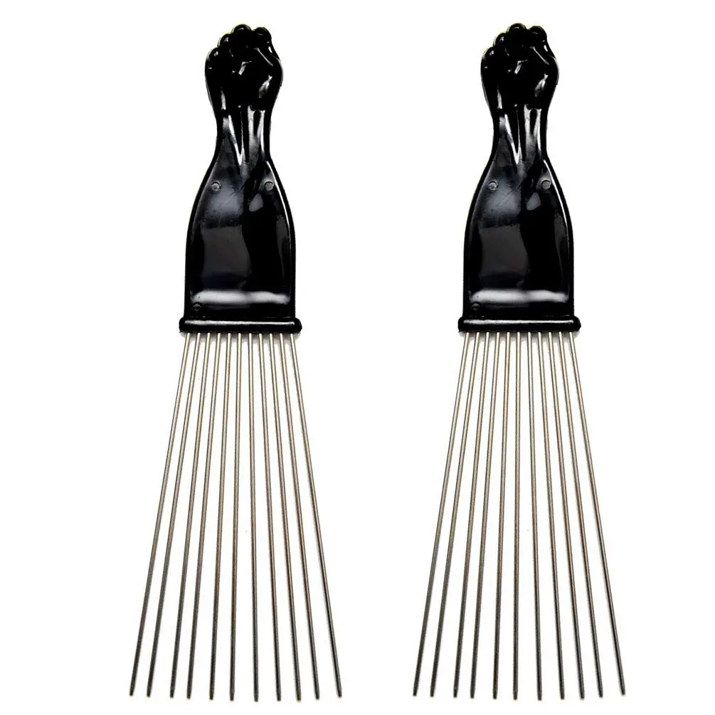 Adult 2-Pack Metal Afro Pick Comb, 9in Extra Wide Spaced Teeth Comb with Anti-Oxidants, Comfortable Black Fist Handle, Detangling & Volume Lift Tool for Curly/Coily Hair, Barber & Salon Styling Accessory, Combs For Hair Stylist