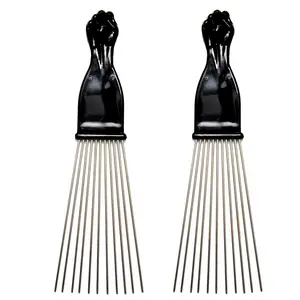 2 Pack Metal Afro Pick Comb, 9 Inch Wide Tooth Hair Pick for Curly, Coily & Natural Hair, Volume Lift Detangling Comb for Men & Women, Black Fist Handle, Barber & Salon Styling Tool