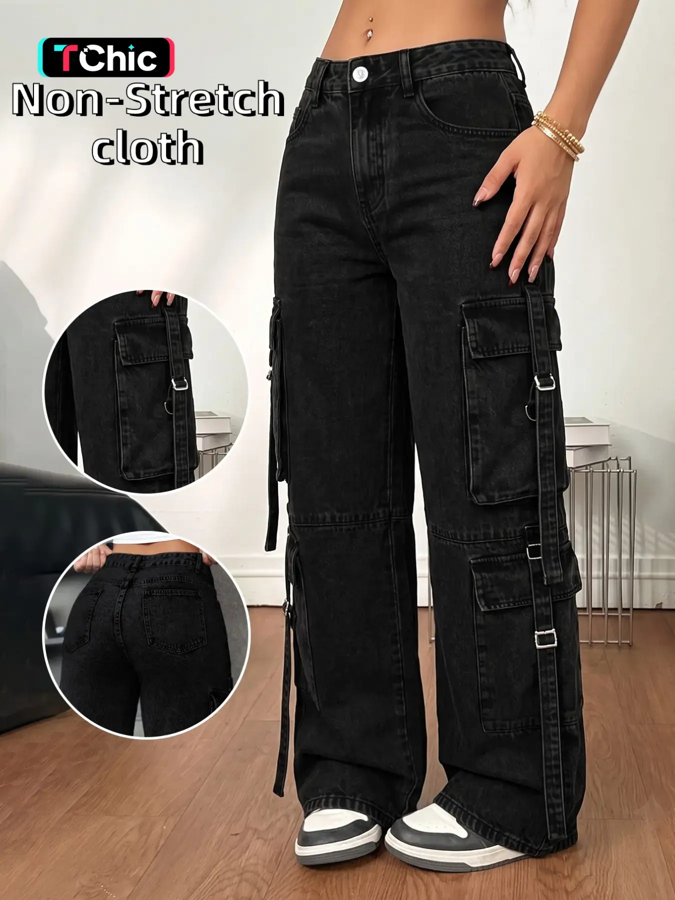 Mid Rise Washed Cargo Wide Leg Jeans for Women, Multi Side Pocket Denim Jeans, Y2K Grunge Streetwear, Casual Trousers for Ootd