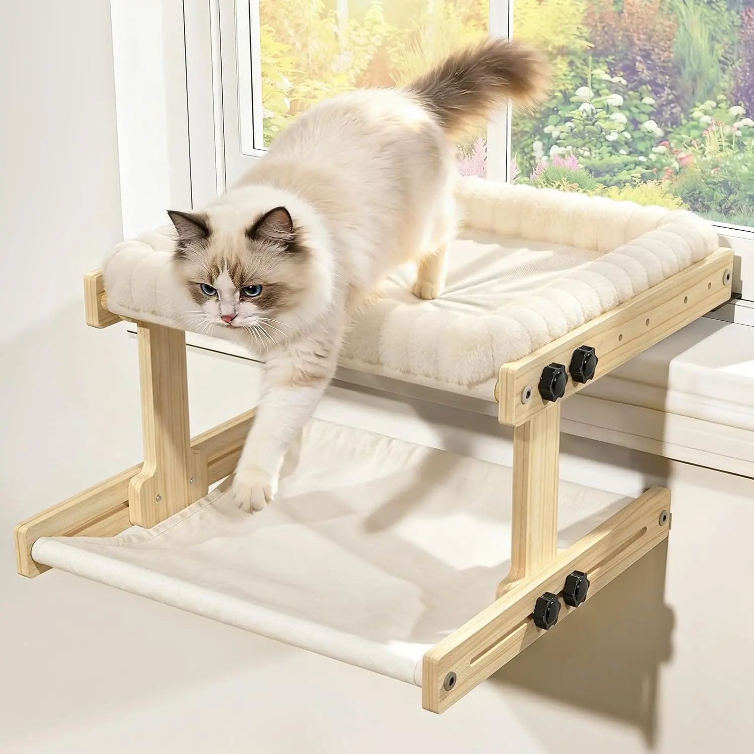 Wooden Double-Layer Cat Window Hammock Perch - Adjustable Frame, Indoor Space-Saving Sunbath Bed, Wood Cat Window Seat