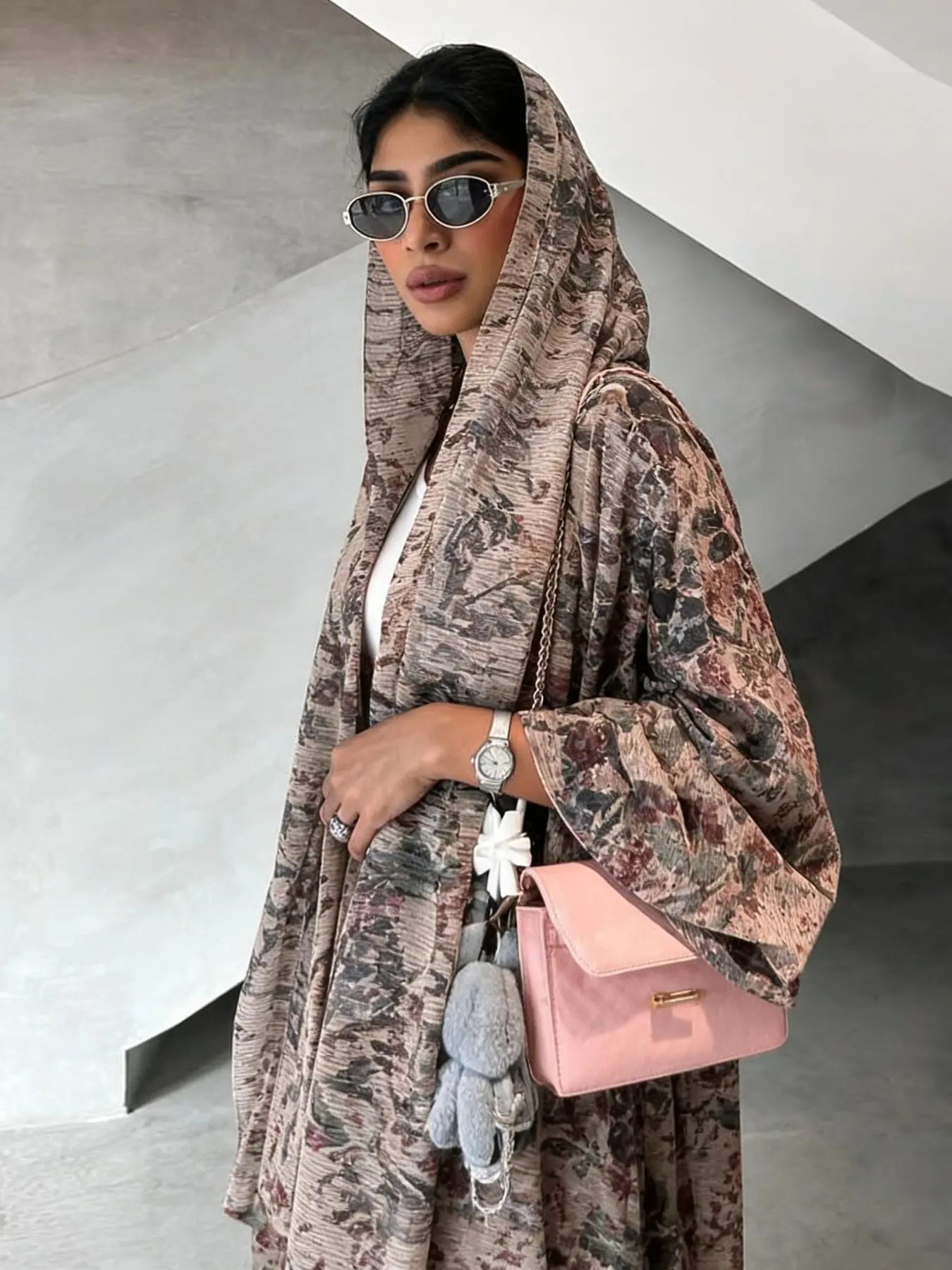 Elegant Arabic Traditional Abaya, Loose Long Sleeve Full Placket, Ditsy Floral Print, Unlined, All Seasons, Includes Headscarf