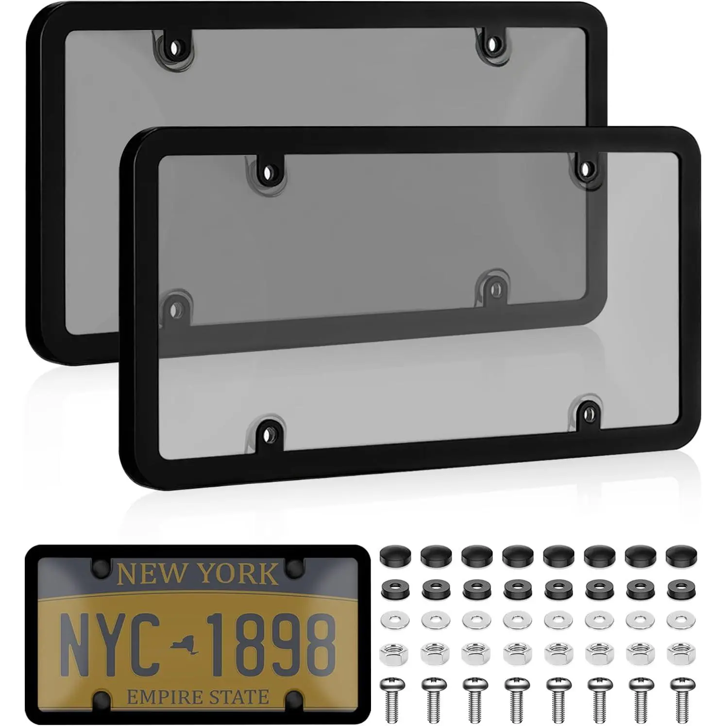 Clear License Plate Protector, 2 Pack License Plate Covers & Frames Unbreakable Plastic Car Shields Holder Fits Standard US Plate with Screws Caps (Gray)