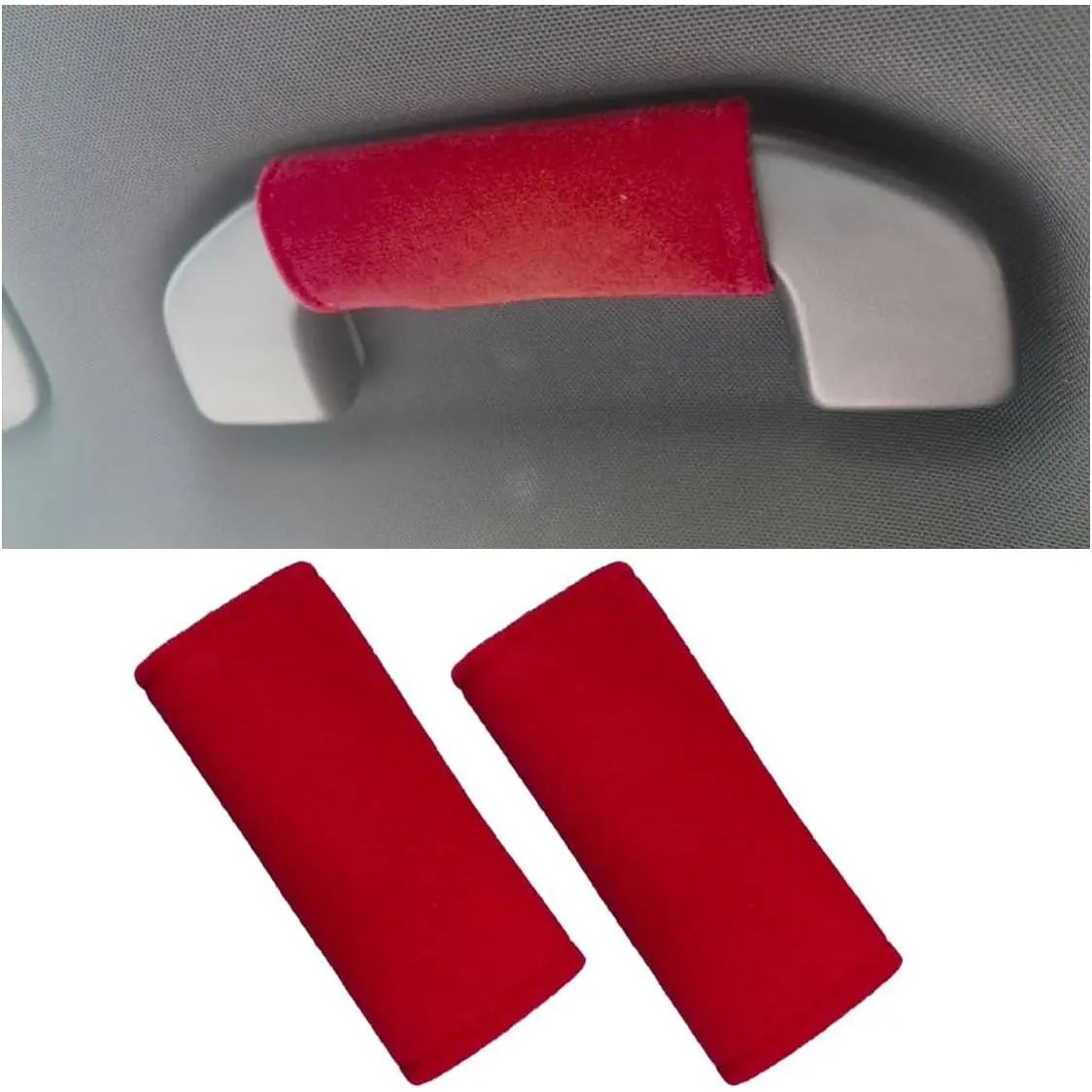 2PCS Car Inside Door Handle Protector, Colorful Soft Fluff Car Pull Handle Cover, Anti-Scratch Grab Handle Wrap, Car Interior Decoration Accessories Women Men (Red)