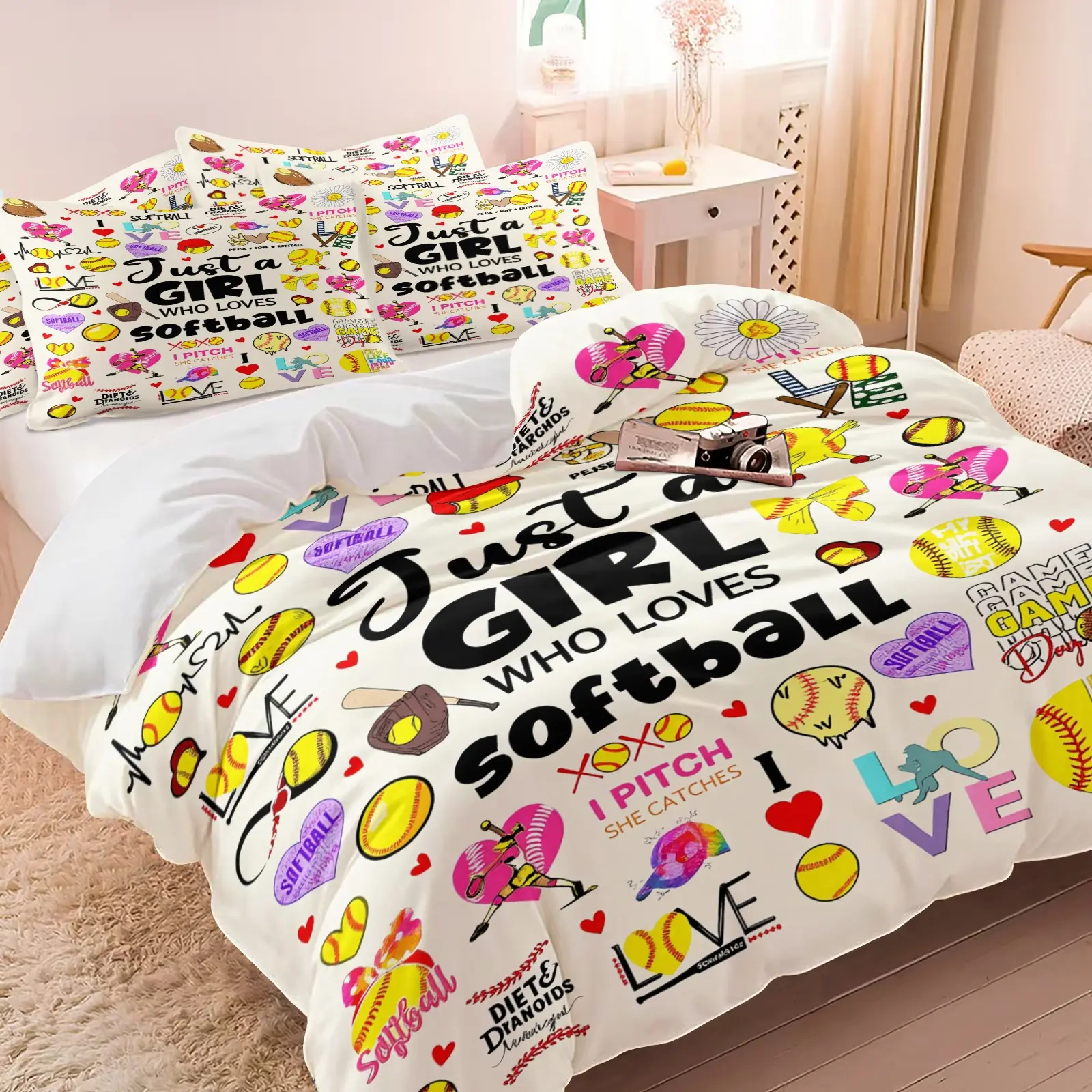 Just A Girl Who Loves Softball Print Duvet Cover Set ,  Includes 1 or 2 Pillowcases Without Inserts, Ideal for Teenage Baseball Players & Female Sports Enthusiasts, Modern Bedroom Decor