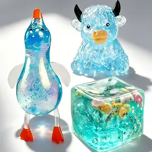 3-Piece Blue Glitter Slippery Toy Set, Highland Cow, Duck, Ocean Cube Stress Balls, Anxiety Relief, Slow Rebound Tpr Squeeze Toys, Party Gifts