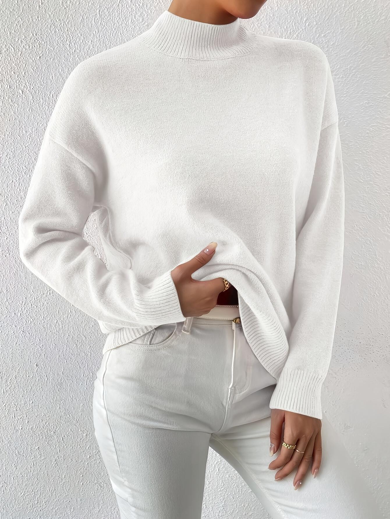 [Elegant Winter Sweater] Elegant Oversized Women's White Winter Sweater |     High Neck Turtleneck Pullover, Stretchy Collar, Loose Fit, Long Sleeves - Machine Washable for Fall & Cold Weather angelina  neon  outfit