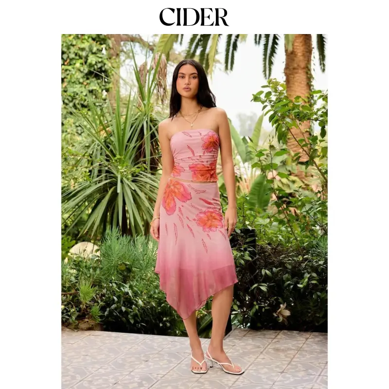 Cider Floral Graphic Mesh Strapless Ruched Crop Top