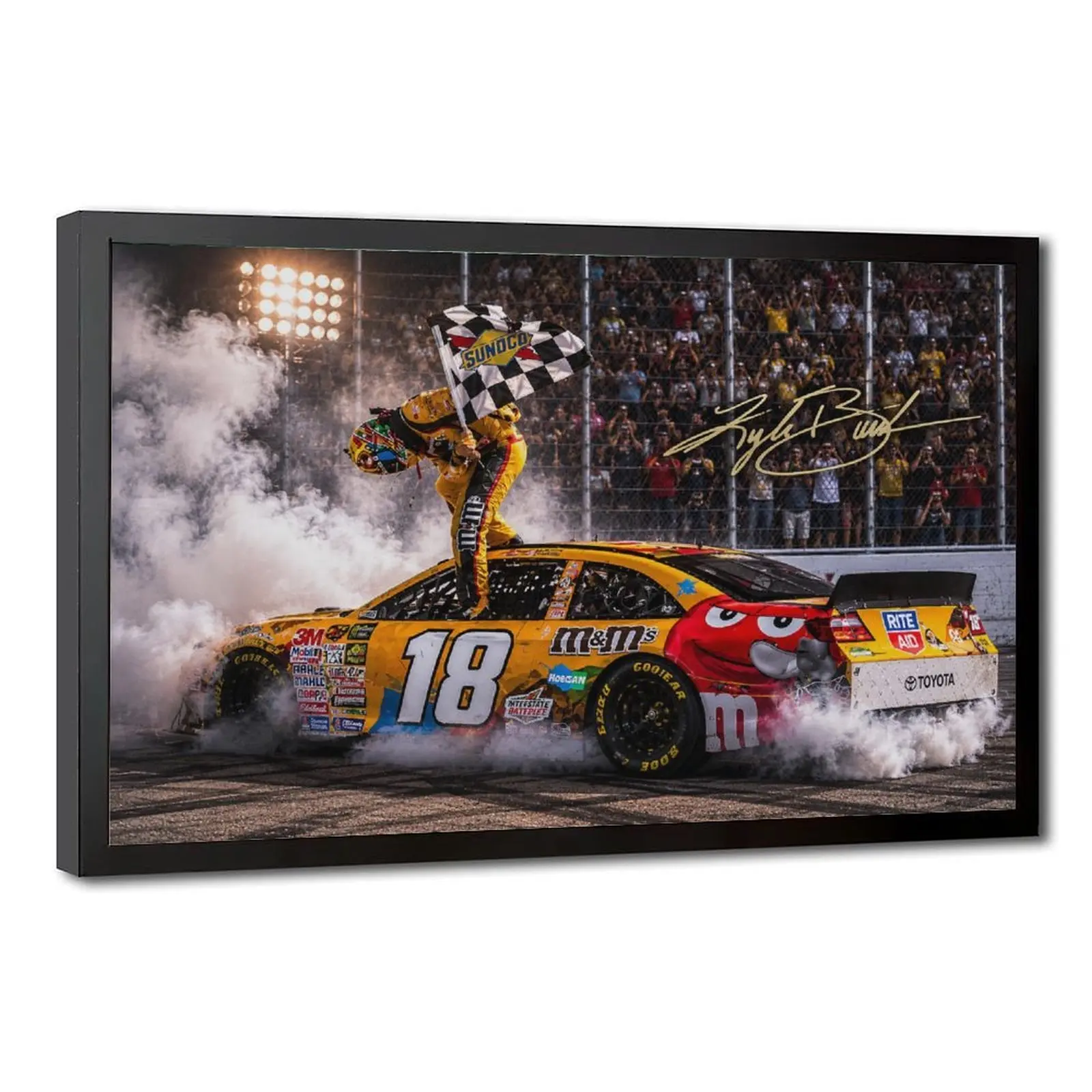 Kyle Busch Nascar Sport Poster - Decorative Multi-Size Wood Frame Print of His Iconic Autism Speaks 400 Dover International Speedway Win Bowing Shot, Nascar Wall Decor for Racing Fans
